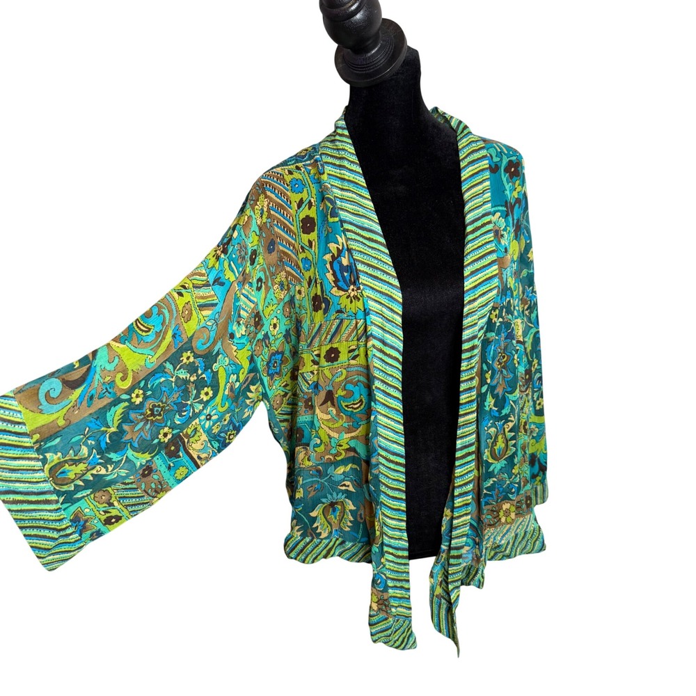 100% Silk Kimono Sheer Open Front Size S Whimsigoth Boho Paisley Floral Tie